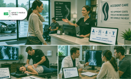 A physical therapist evaluating a patient after an accident-related back injury
