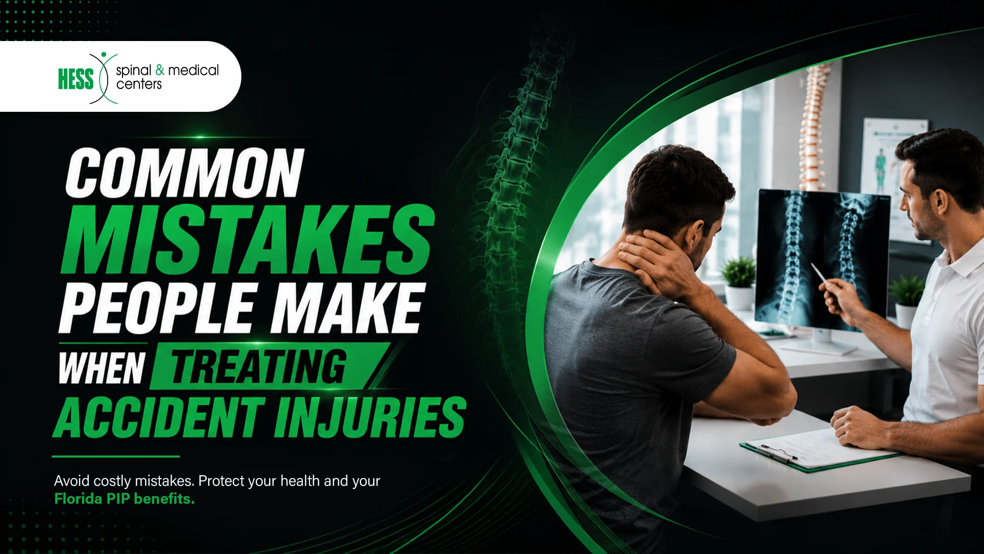 Accident injury patient consulting with a medical professional while reviewing spinal X-rays and treatment options after an accident.