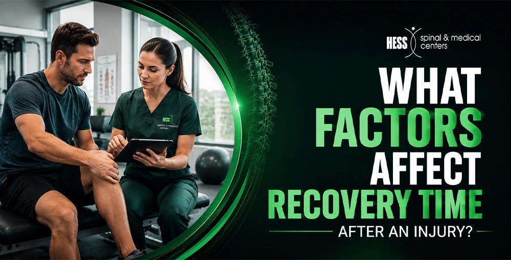 What Factors Affect Recovery Time After an Injury? Physical therapist consulting with an injury patient about recovery progress, rehabilitation plan, and factors affecting healing time after a musculoskeletal injury.