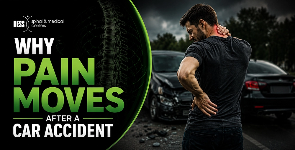 Why Pain Can Move After a Car Accident Man experiencing neck and lower back pain after a car accident, illustrating how injury-related pain can move to different parts of the body.