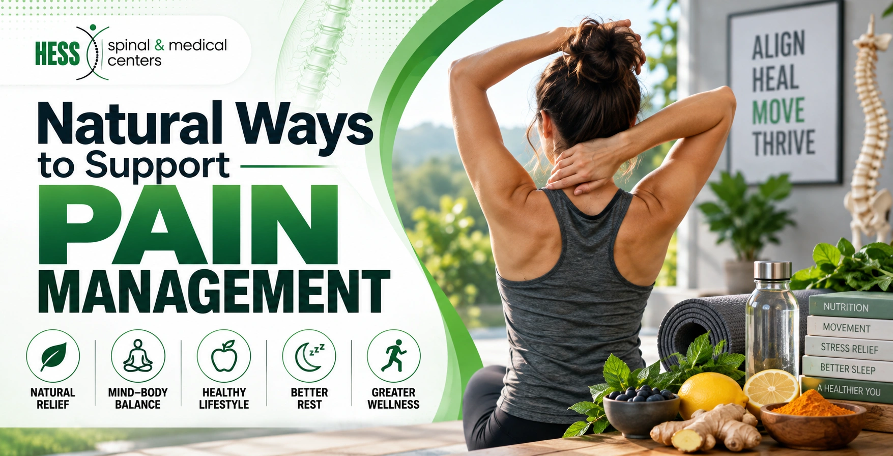 Natural Ways to Support Pain Management and Wellness Woman stretching outdoors on a yoga mat surrounded by anti-inflammatory foods like turmeric, ginger, and fresh berries.